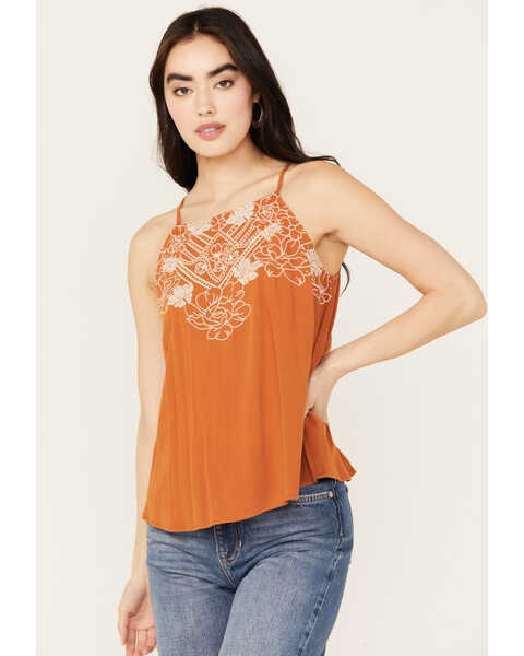 Image #1 - Eyeshadow Women's Floral Embroidered Tank Top, Rust Copper, hi-res