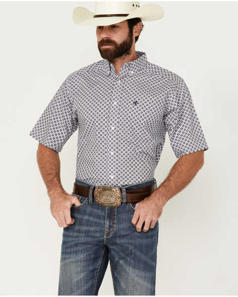 Ariat Men's Denver Geo Print Short Sleeve Button-Down Western Shirt - Tall , Blue, hi-res