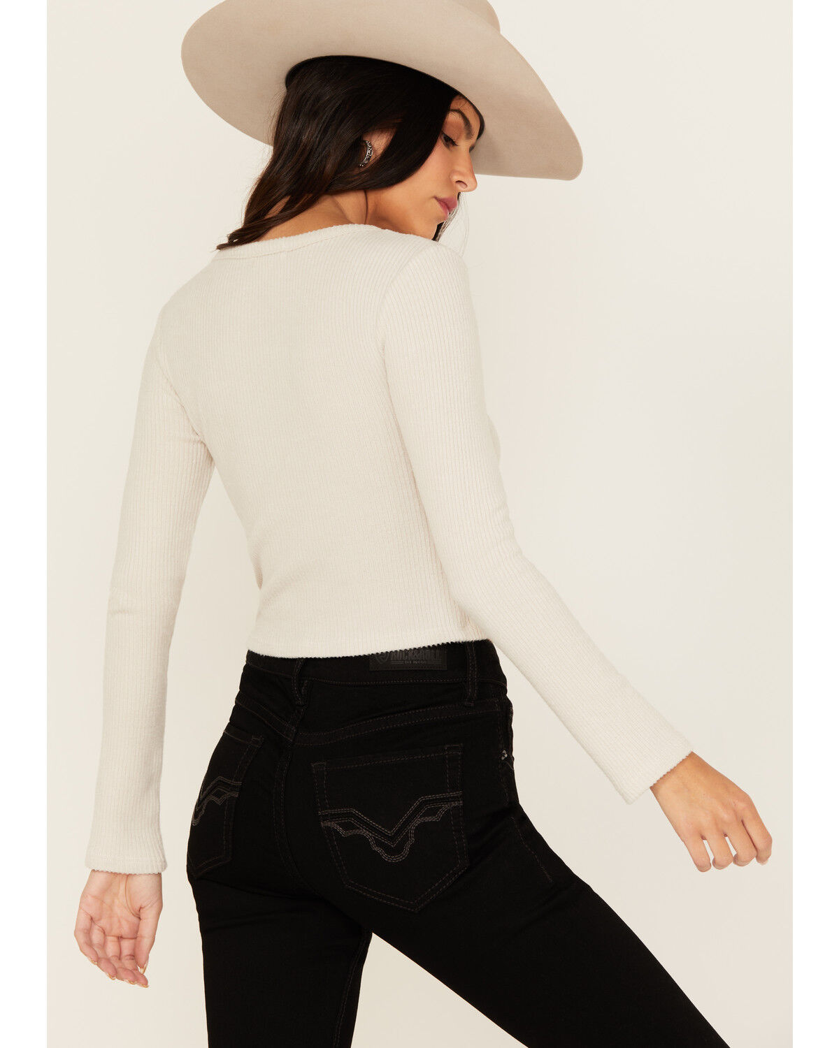 Image #4 - Originality Women's Solid Rib Knit Long Sleeve Cropped Shirt, Cream, hi-res