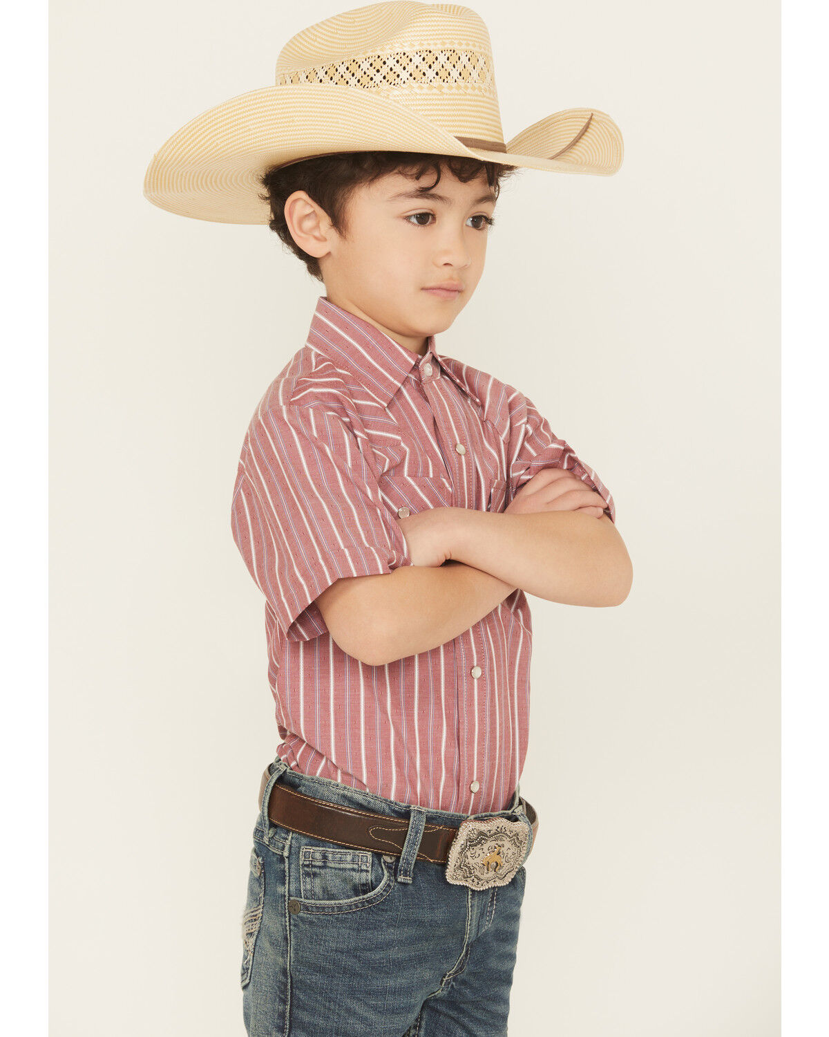 Image #2 - Ely Walker Boys' Striped Short Sleeve Snap Western Shirt, Red, hi-res