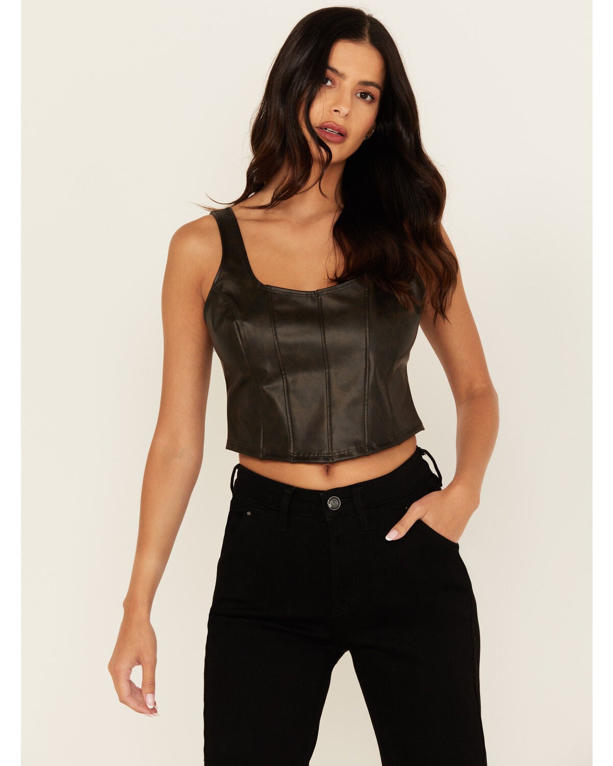 Originality Women's Faux Leather Corset Top, Black, hi-res