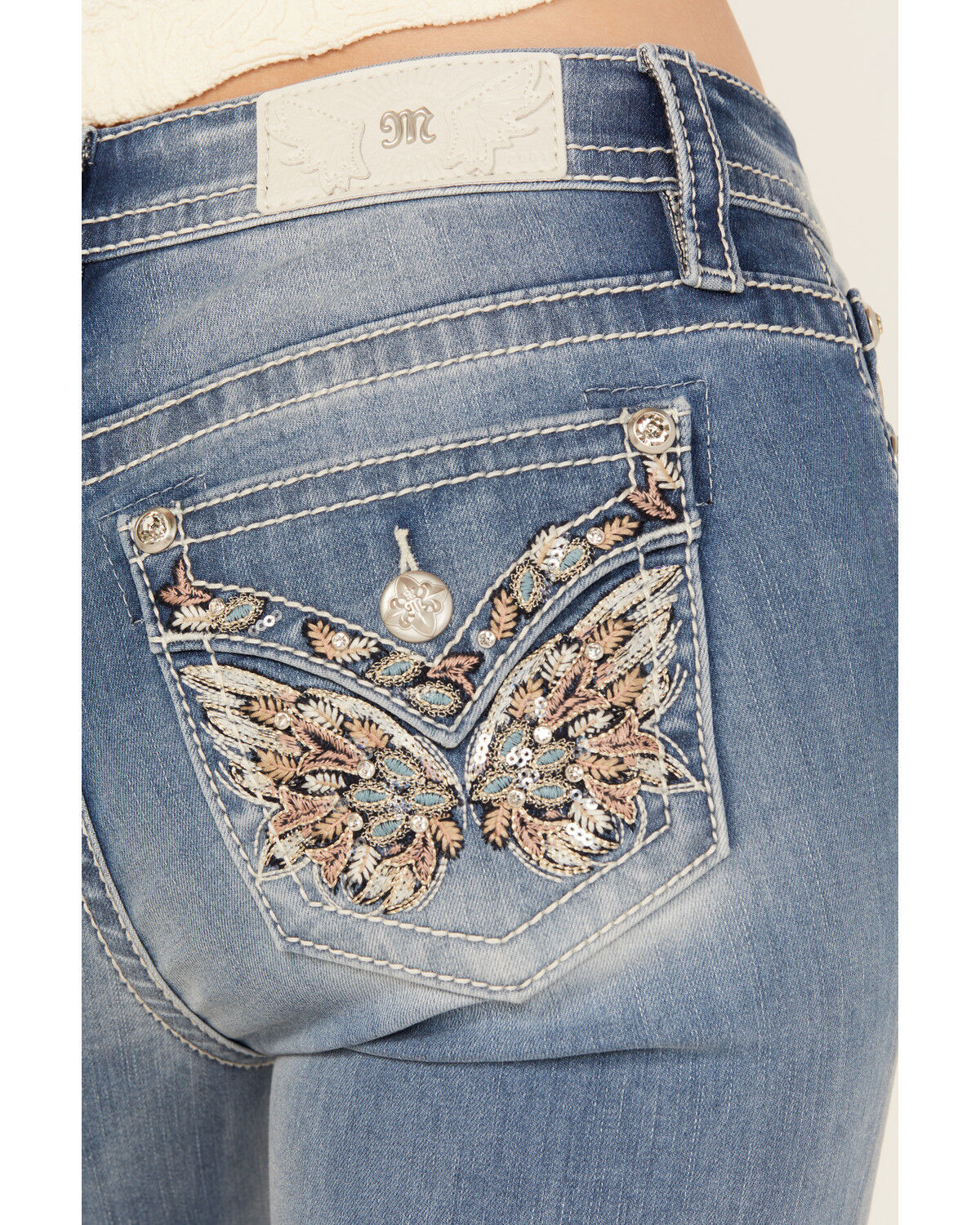 Image #2 - Miss Me Women's Light Wash Mid Rise Butterfly Pocket Bootcut Stretch Denim Jeans, Light Wash, hi-res