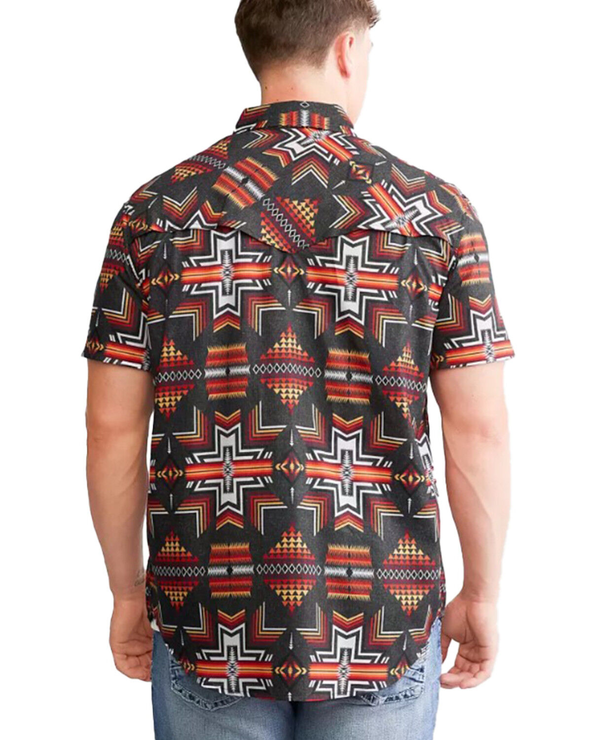 Image #2 - Rock & Roll Denim Men's Tek Southwestern Print Short Sleeve Snap Western Shirt, Black, hi-res