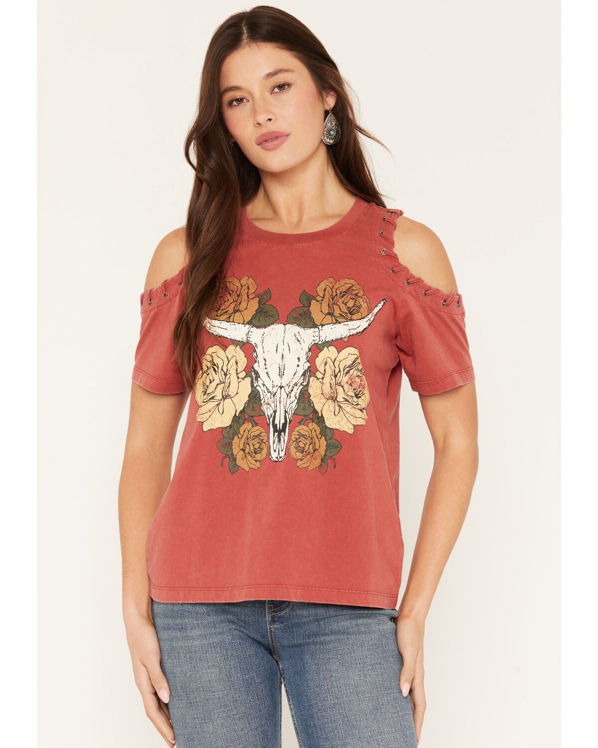 Image #1 - Shyanne Women's Steer Head Cold Shoulder Short Sleeve Graphic Tee, Chilli, hi-res