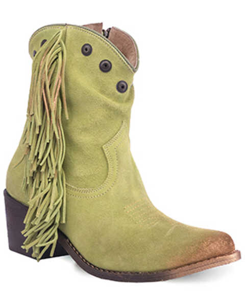 Circle G Women's Studded Suede Fringe Ankle Boots - Round Toe , Green, hi-res