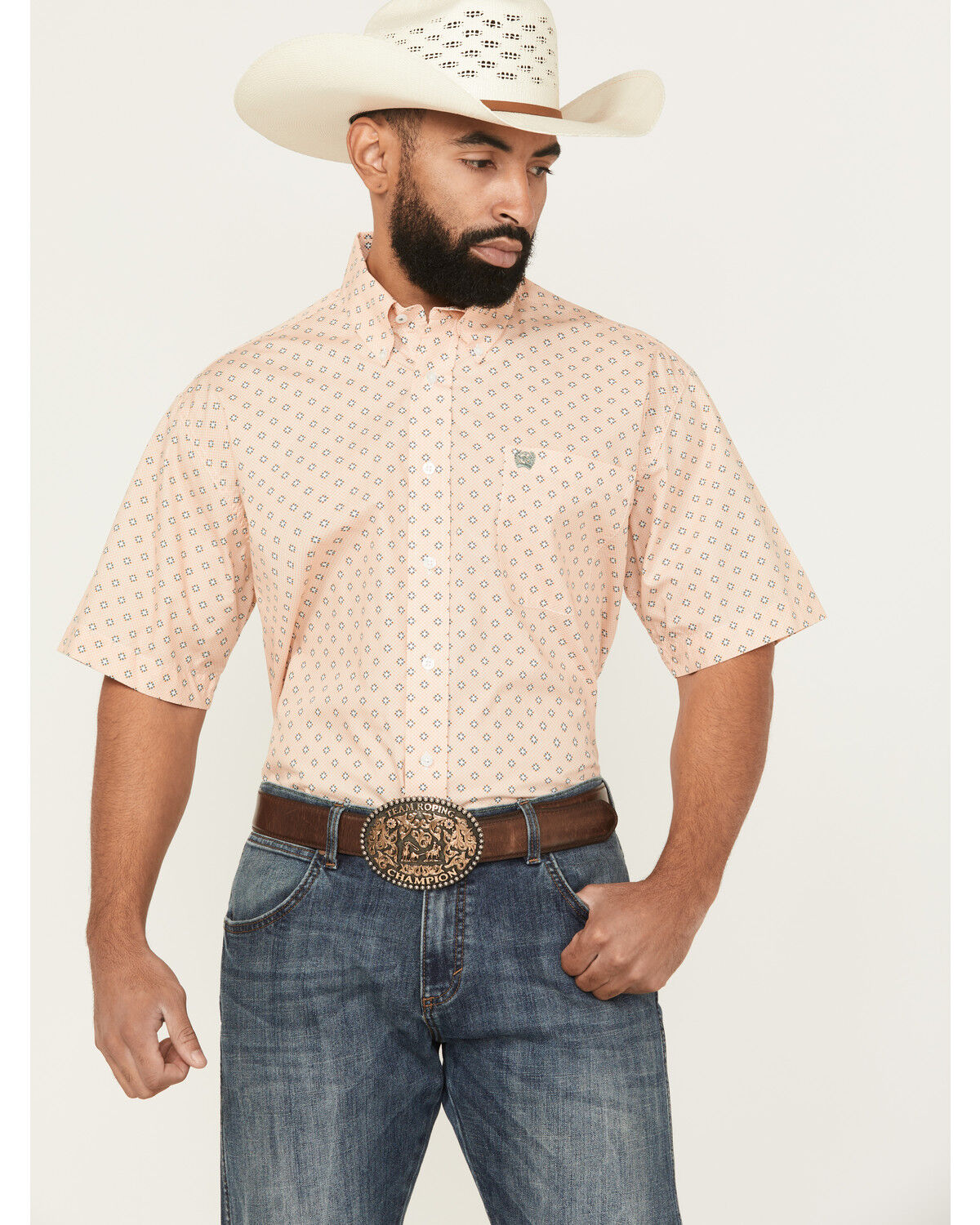 Image #1 - Cinch Men's Geo Print Short Sleeve Button-Down Western Shirt - Big, Orange, hi-res