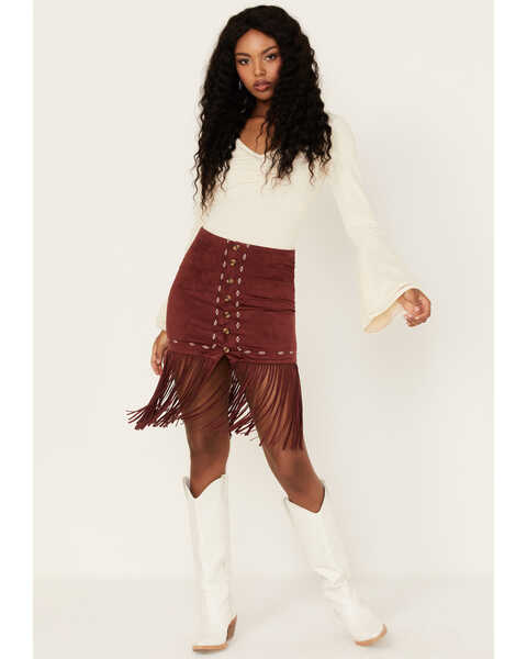 Shyanne Women's Embroidered Southwestern Fringe Mini Skirt, Wine, hi-res