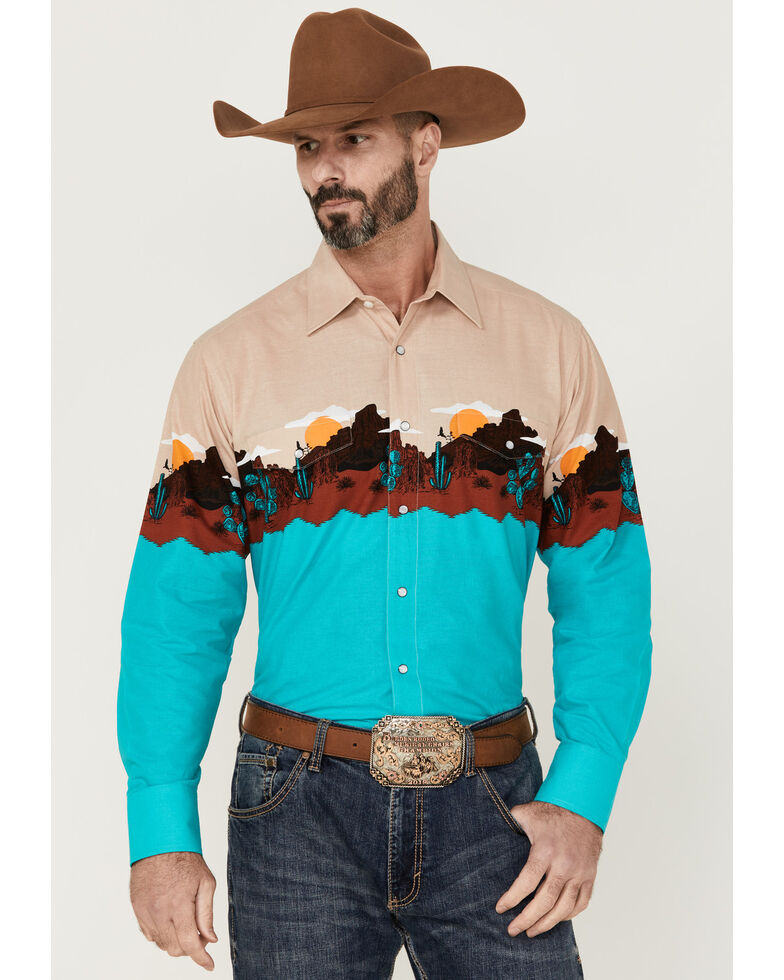 Panhandle Men's Turquoise Scenic Border Print Long Sleeve Snap Western Shirt , Turquoise, hi-res