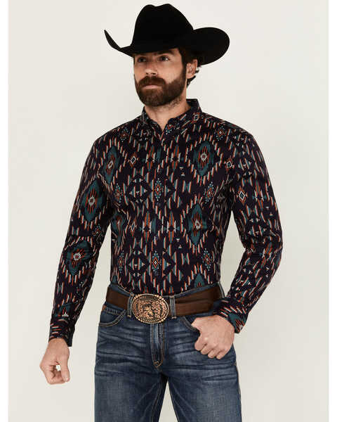 Image #1 - RANK 45® Men's Hilsborrow Southwester Print Long Sleeve Button-Down Stretch Western Shirt , Dark Blue, hi-res
