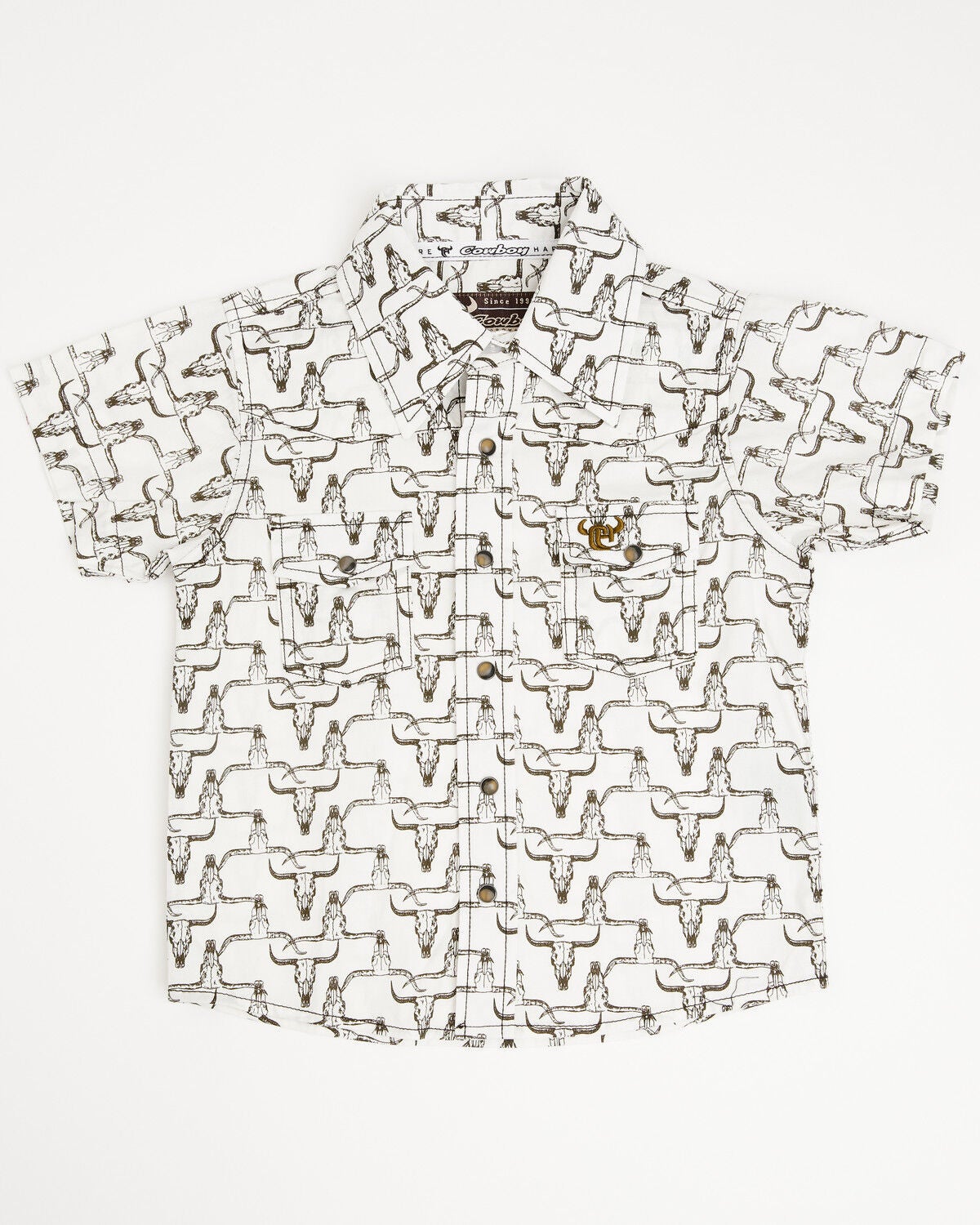 Image #1 - Cowboy Hardware Toddler Boys' Cow Skull Print Short Sleeve Snap Stretch Western Shirt, White, hi-res