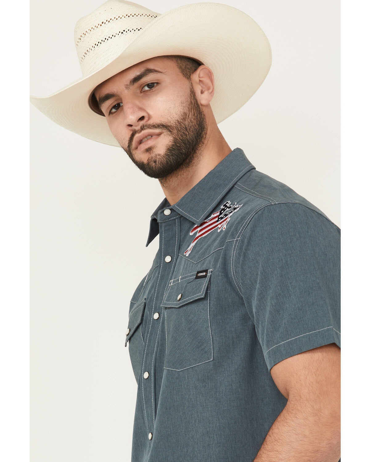 Image #2 - Cinch Men's Embroidered Americana Cowboy Short Sleeve Snap Western Shirt, Blue, hi-res