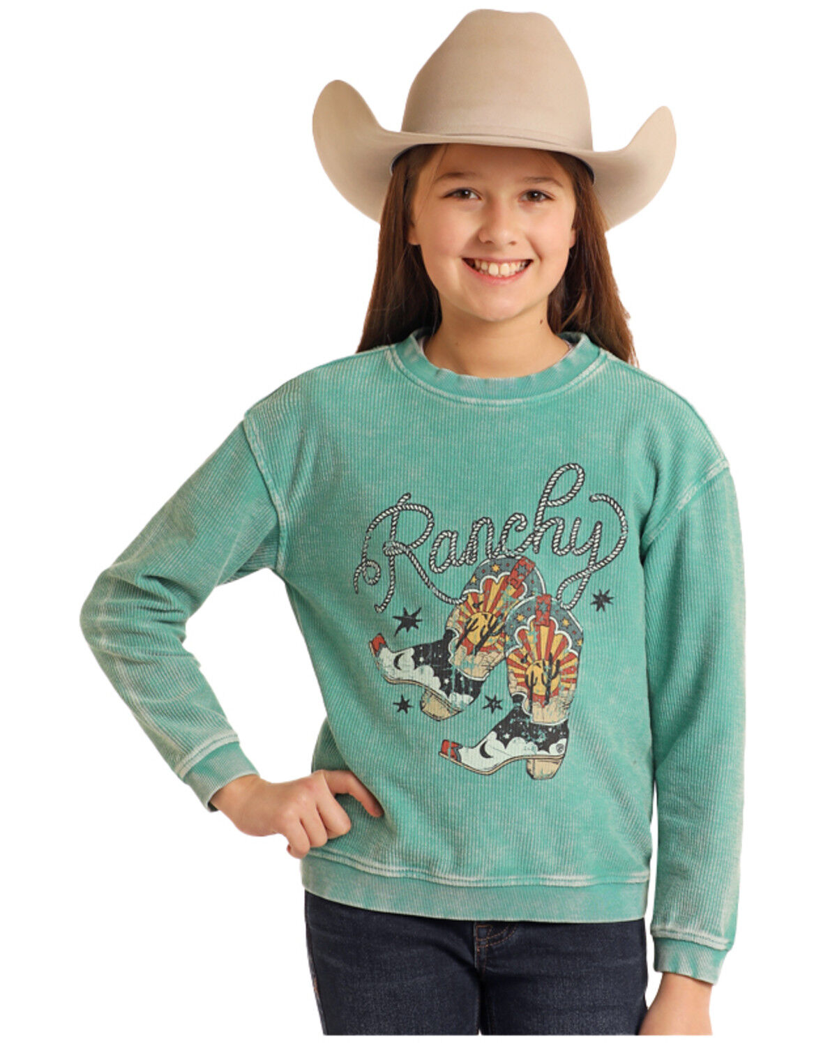 Image #1 - Panhandle Girls' Ranchy Boot Long Sleeve Graphic Shirt, Turquoise, hi-res