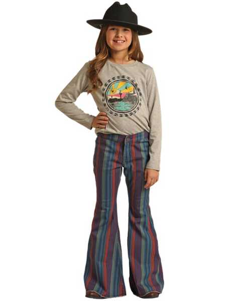 Rock & Roll Denim Girls' Mid Rise Striped Stretch Flare Jeans, Blue, hi-res