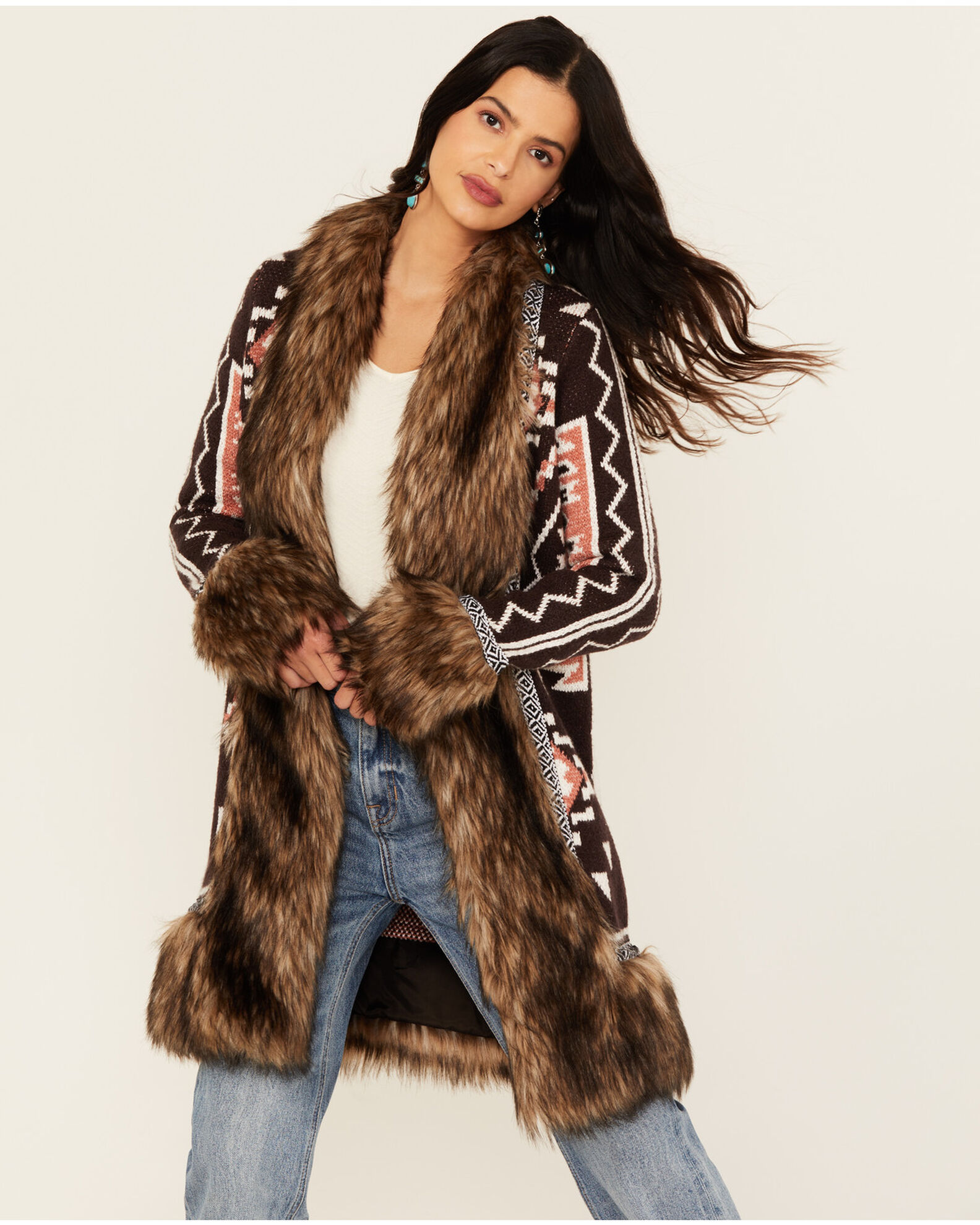 Shyanne Women s Southwestern Print Faux Fur Cardigan