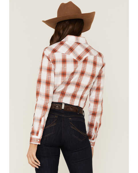 Image #4 - Rough Stock By Panhandle Women's Dobby Plaid Print Long Sleeve Western Pearl Snap Shirt, Red, hi-res