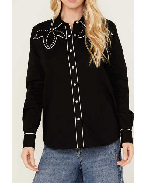 Image #2 - Panhandle Women's Retro Studded Long Sleeve Snap Western Shirt , Black, hi-res