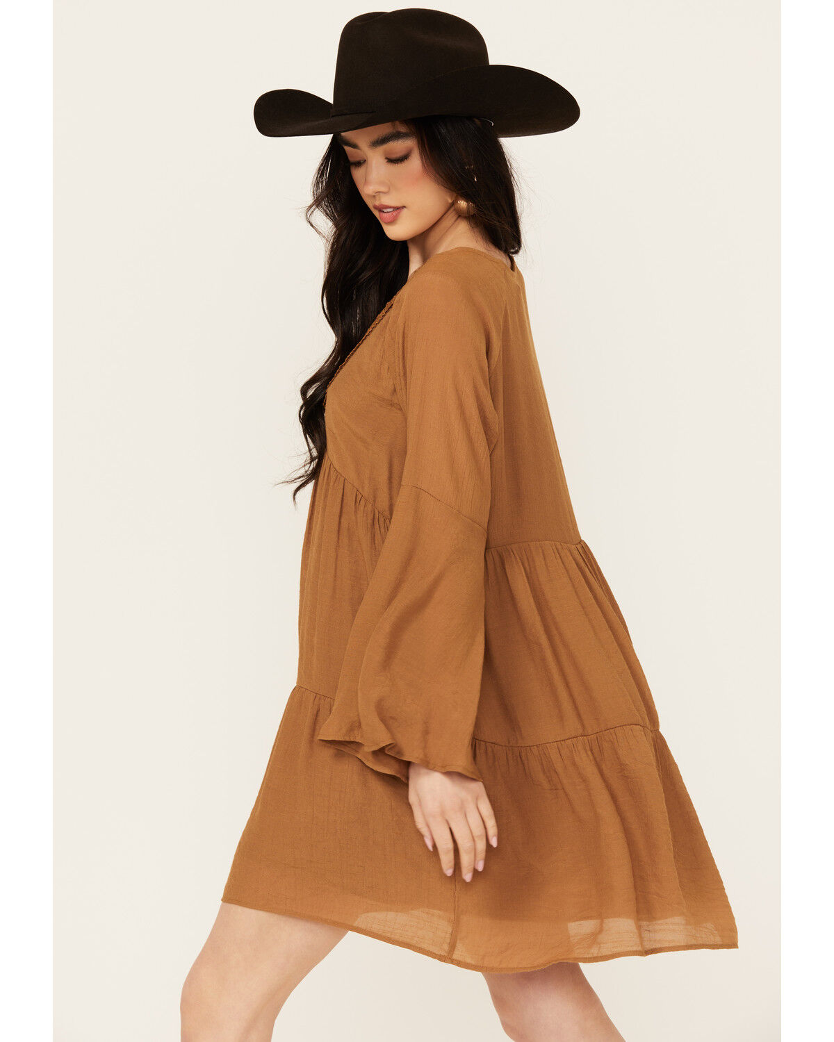 Image #2 - Wishlist Women's Lace Trim Long Sleeve Mini Dress, Cognac, hi-res