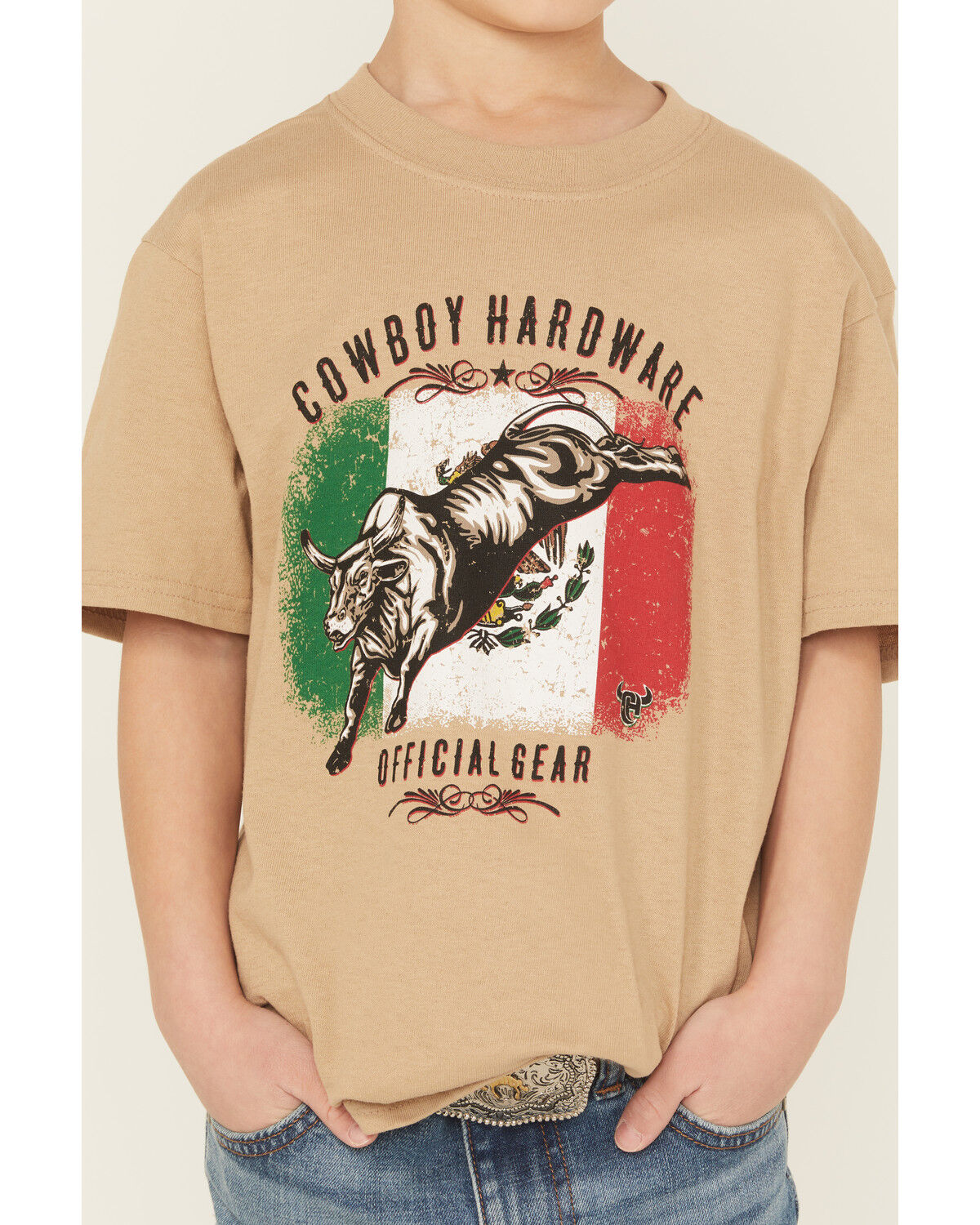 Image #3 - Cowboy Hardware Boys' Mexico Flag Bucking Bull Short Sleeve Graphic T-Shirt, Tan, hi-res