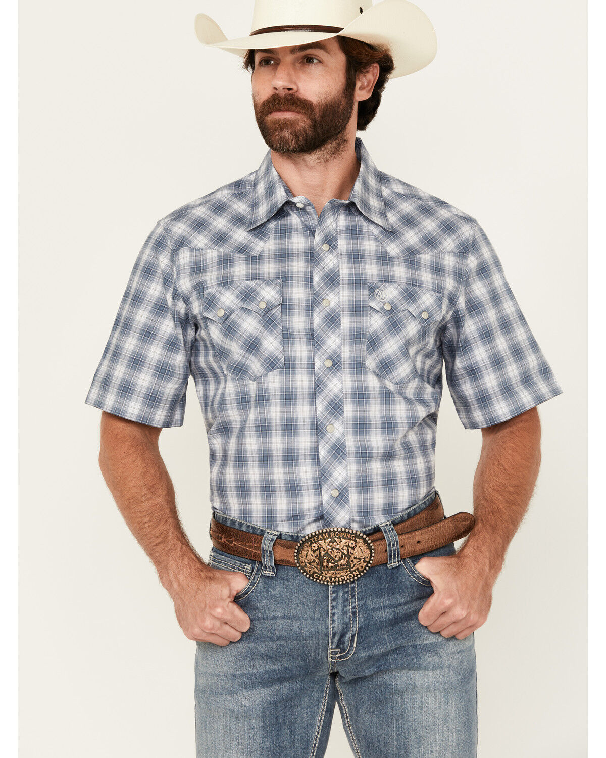 Image #1 - Wrangler Retro Men's Plaid Print Long Sleeve Snap Western Shirt, Blue, hi-res