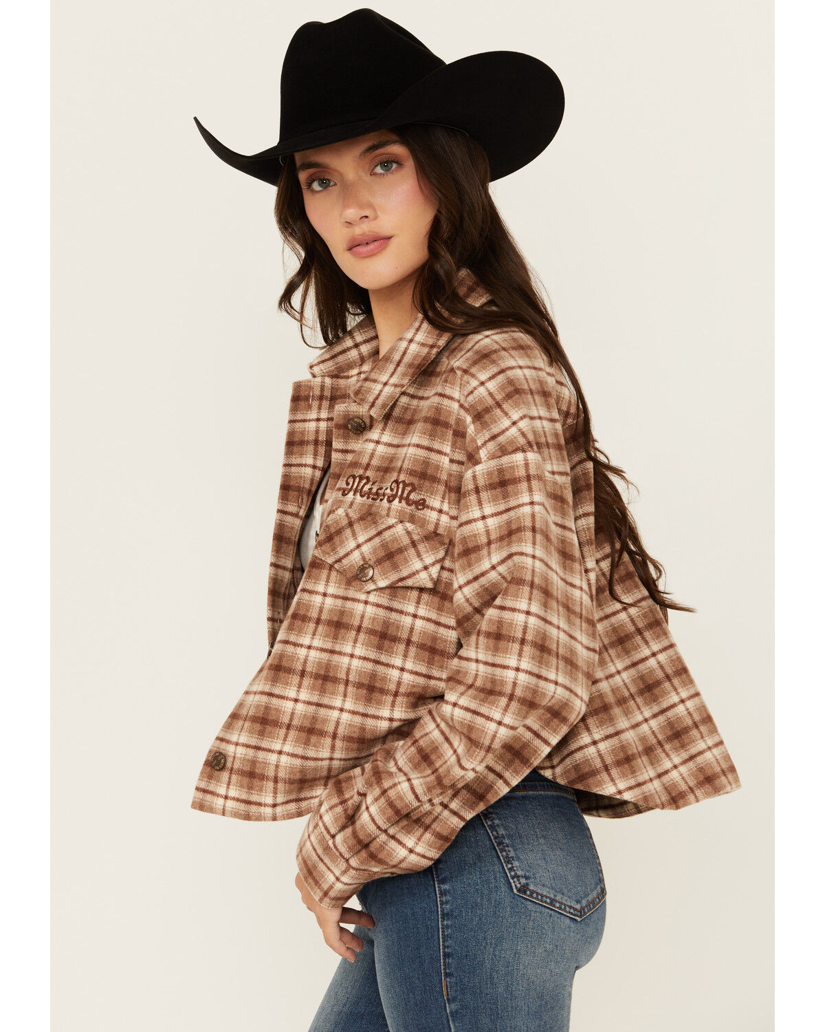 Image #2 - Miss Me Women's Plaid Print Button-Down Cropped Shacket, Brown, hi-res