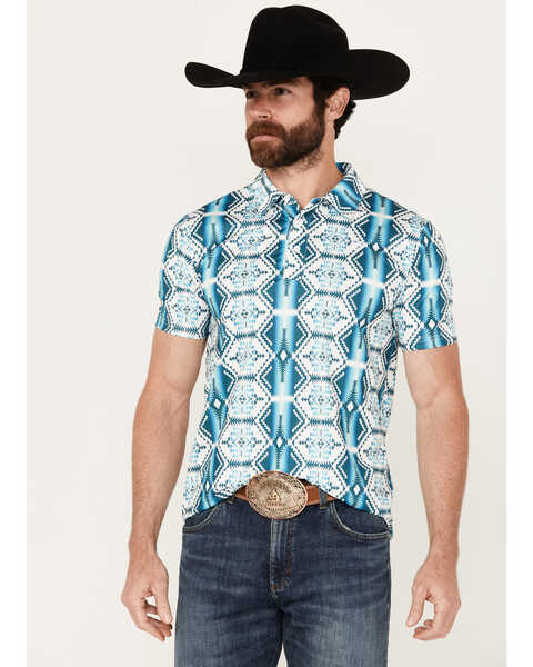 Rock & Roll Denim Men's Southwestern Print Short Sleeve Button-Down Polo Shirt , Turquoise, hi-res
