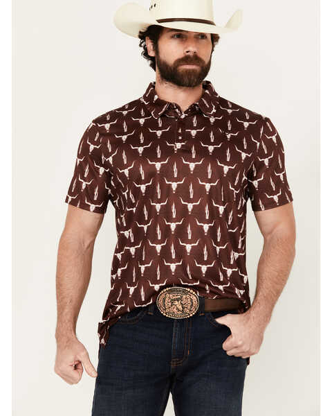 Rock & Roll Denim Men's Steerhead Print Short Sleeve Polo Shirt , Maroon, hi-res