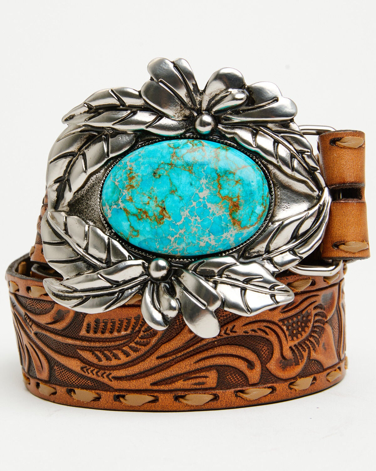Shyanne Women's Floral Tooled Buckle Belt, Brown, hi-res