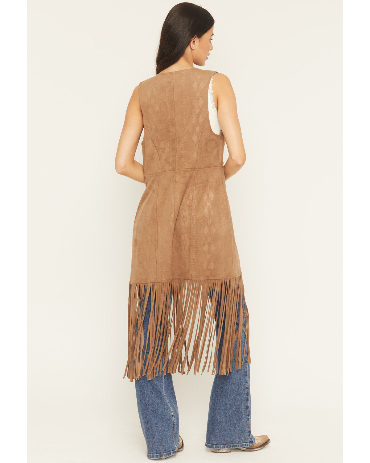 Image #4 - Shyanne Women's Embossed Southwestern Print Fringe Faux Suede Vest, Coffee, hi-res