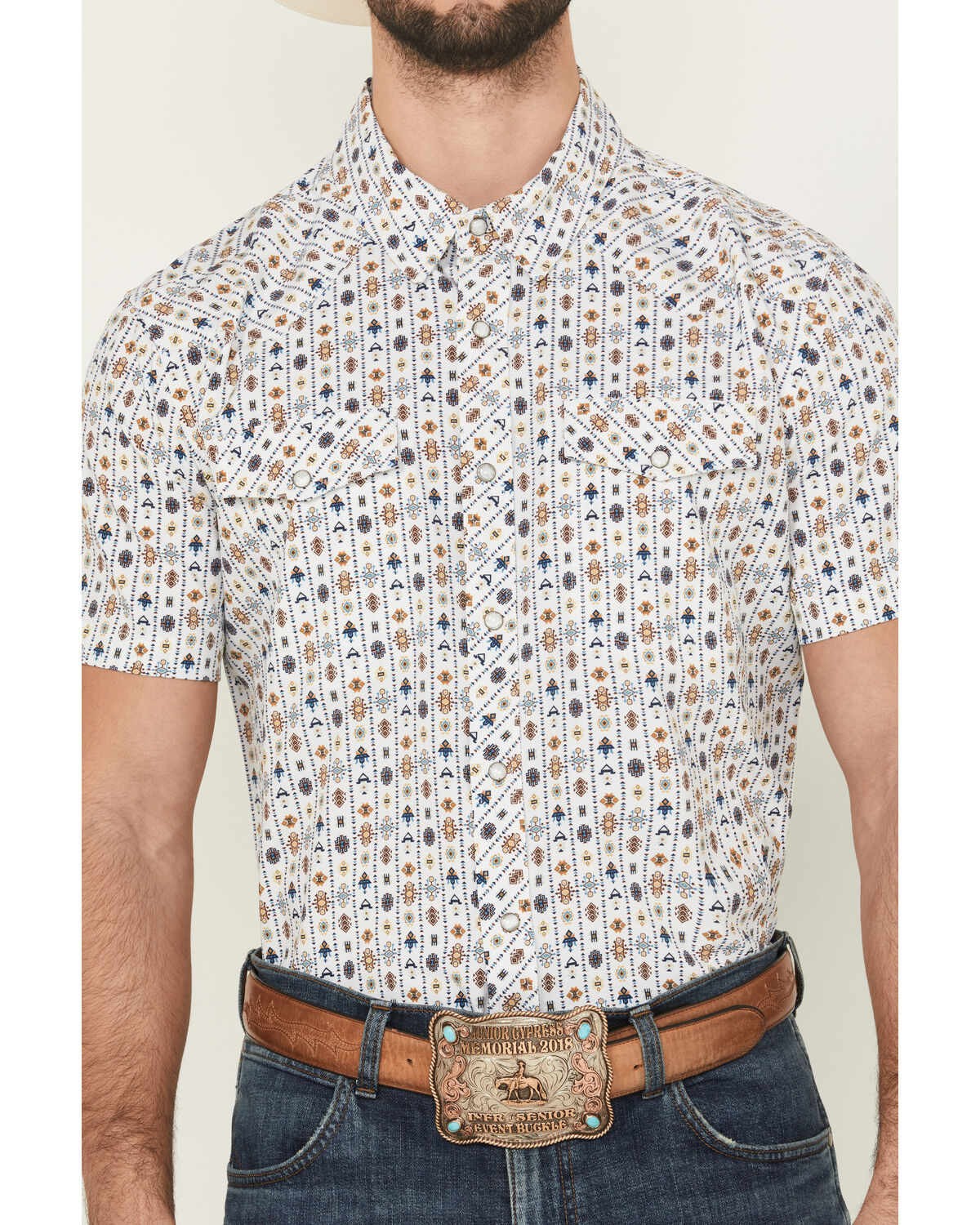 Image #3 - Panhandle Men's Southwestern Wallpaper Print Short Sleeve Snap Performance Western Shirt, White, hi-res