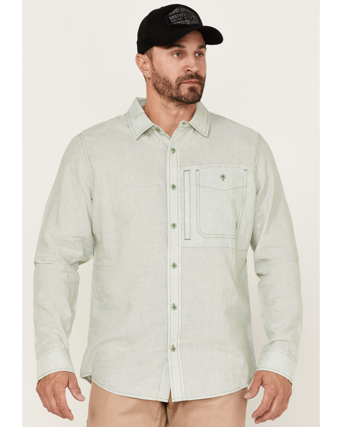 Image #1 - Brothers and Sons Men's Performance Solid Long Sleeve Button Down Western Shirt, Green, hi-res