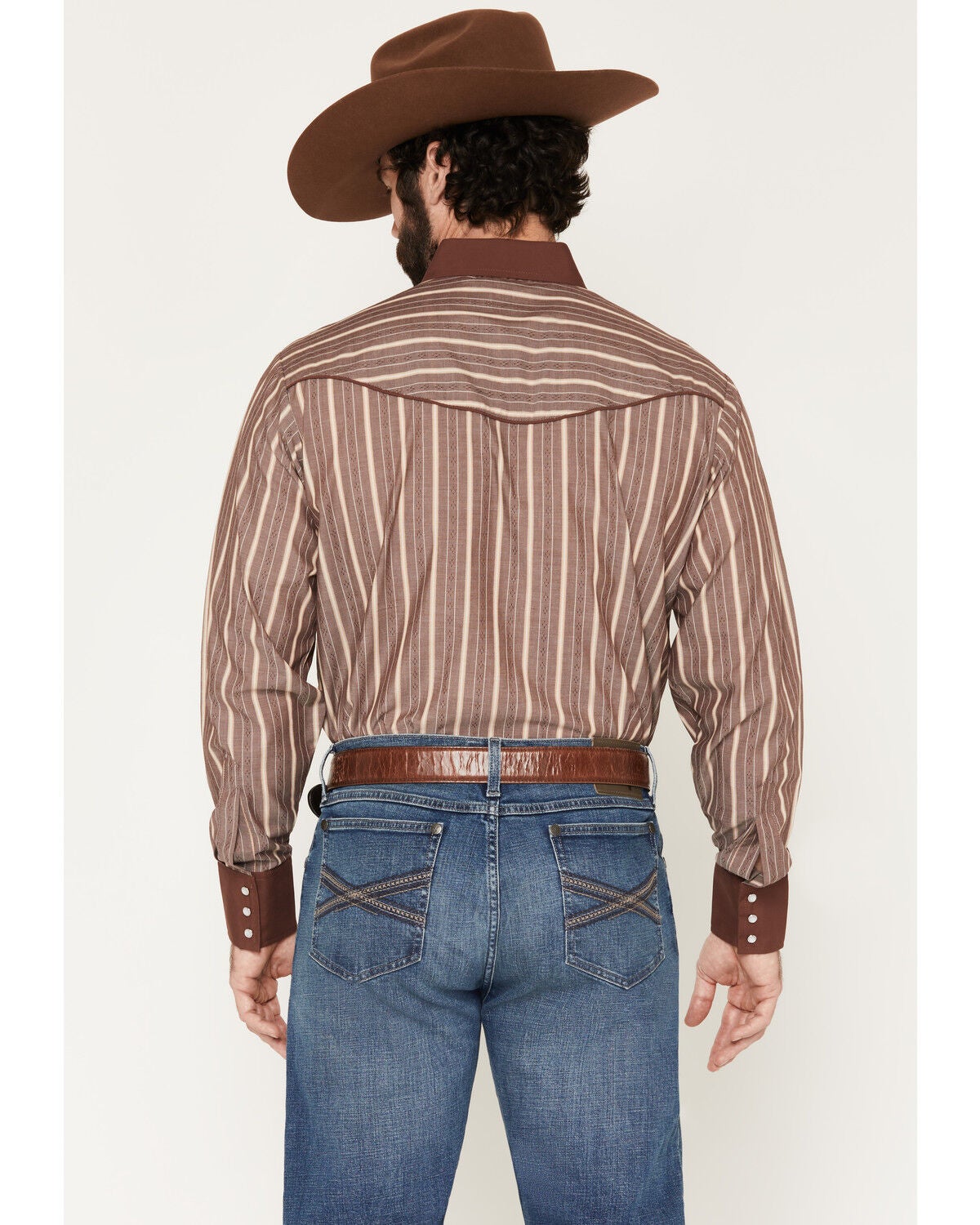 Image #4 - Ely Walker Men's Jackalope Embroidered Striped Long Sleeve Pearl Snap Western Shirt, Burgundy, hi-res