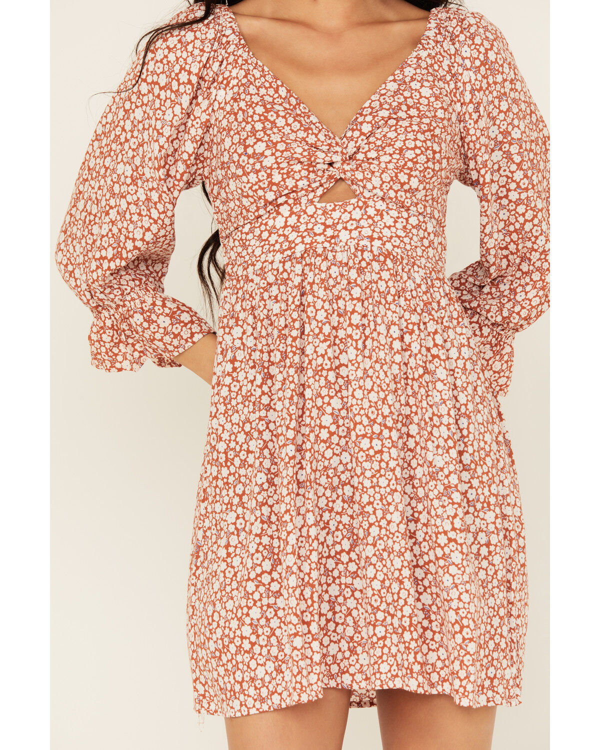 Image #3 - Angie Women's Floral Print Knot Front Mini Dress, Rust Copper, hi-res