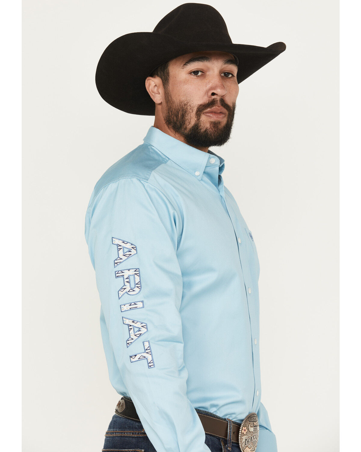 Image #3 - Ariat Men's Team Logo Long Sleeve Button-Down Western Shirt, Light Blue, hi-res