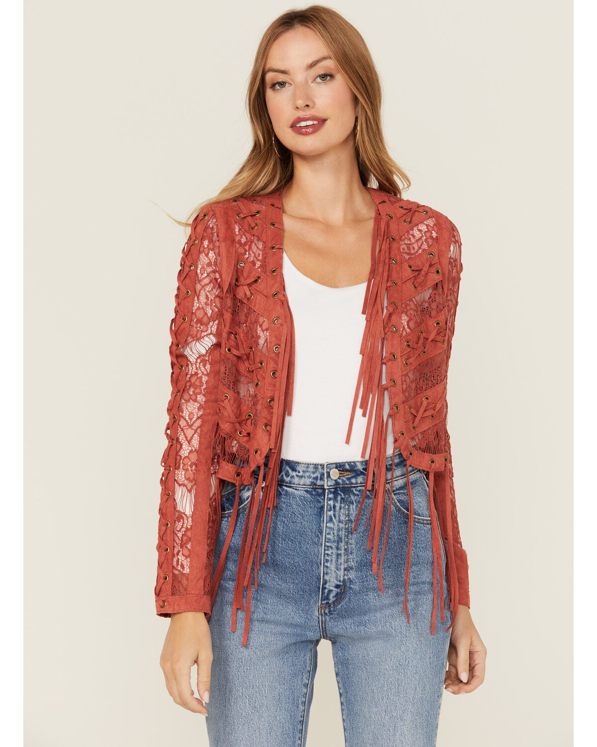 Image #1 - Vocal Women's Suede Tassel Jacket, Brick Red, hi-res