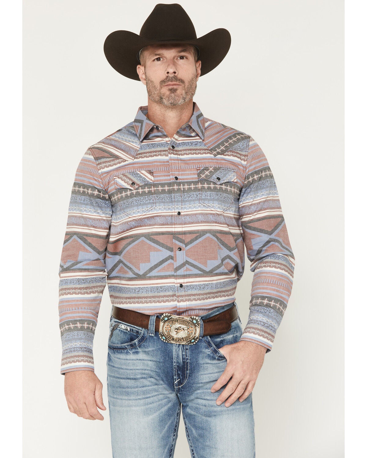 Cody James Men's Mountain Ranger Southwestern Striped Long Sleeve Snap Western Shirt, Burgundy, hi-res