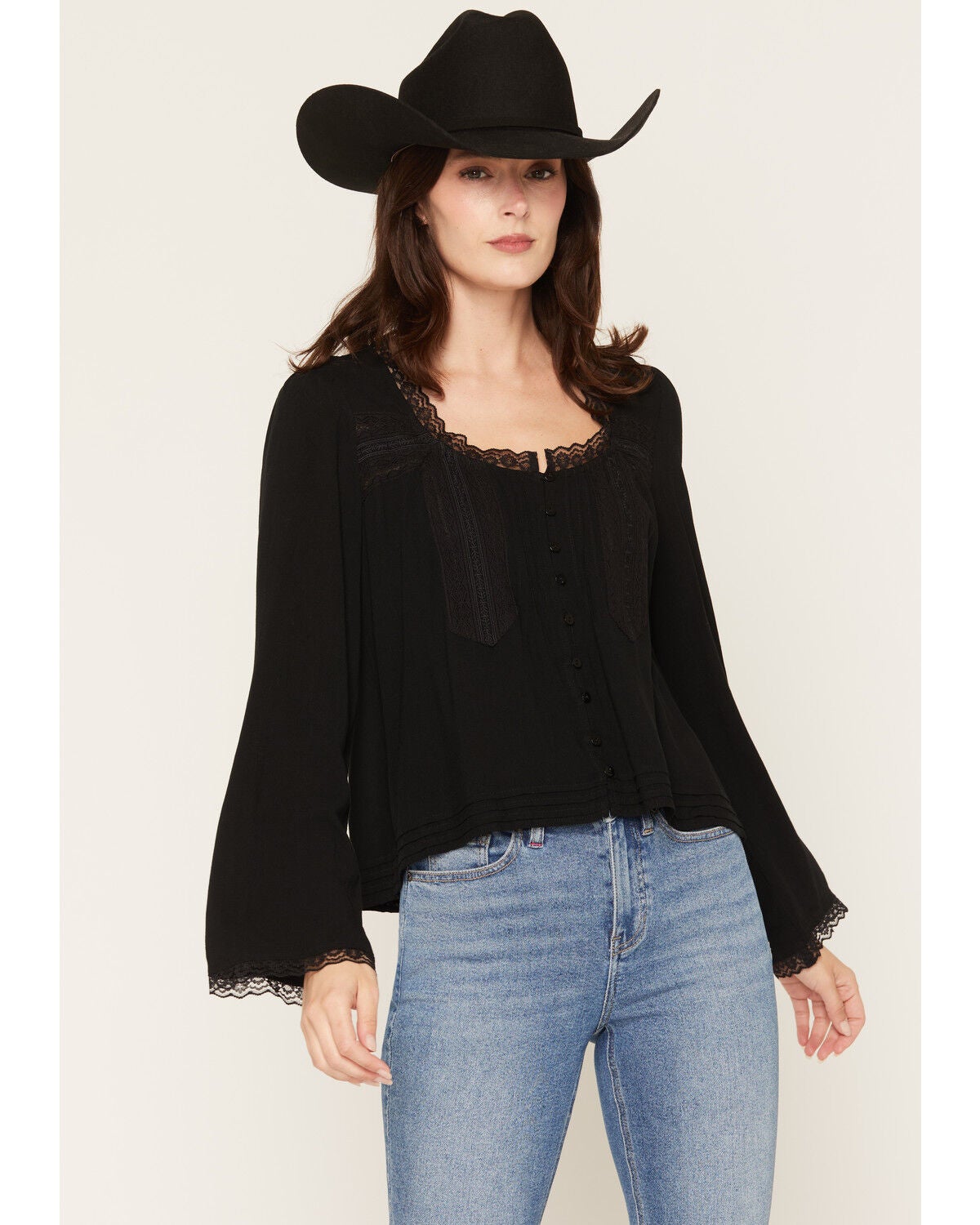 Image #1 - Lovestitch Women's Long Sleeve Lace Trim Top, Black, hi-res