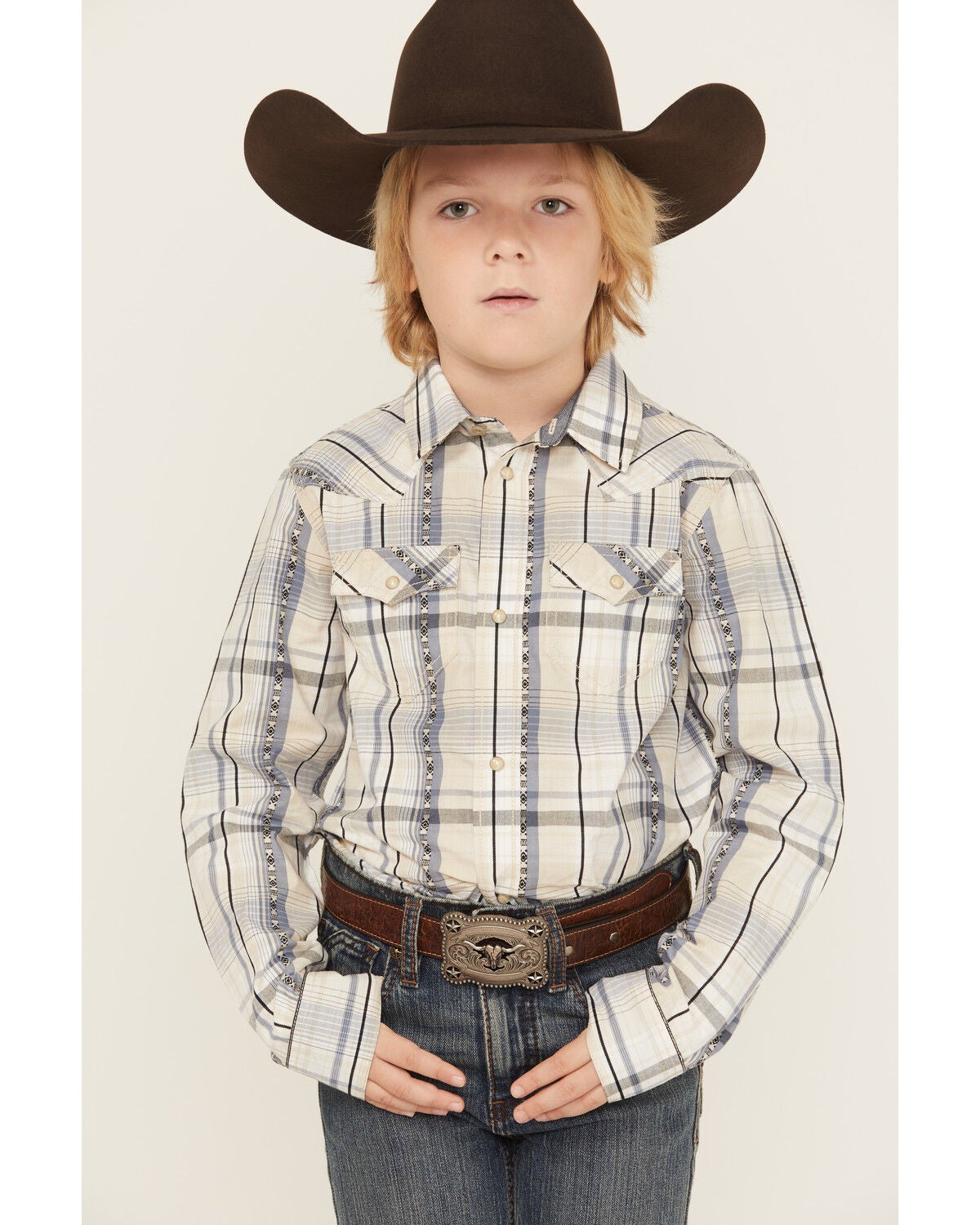 Cody James Boys' Wind Plaid Print Long Sleeve Snap Western Shirt, Cream, hi-res