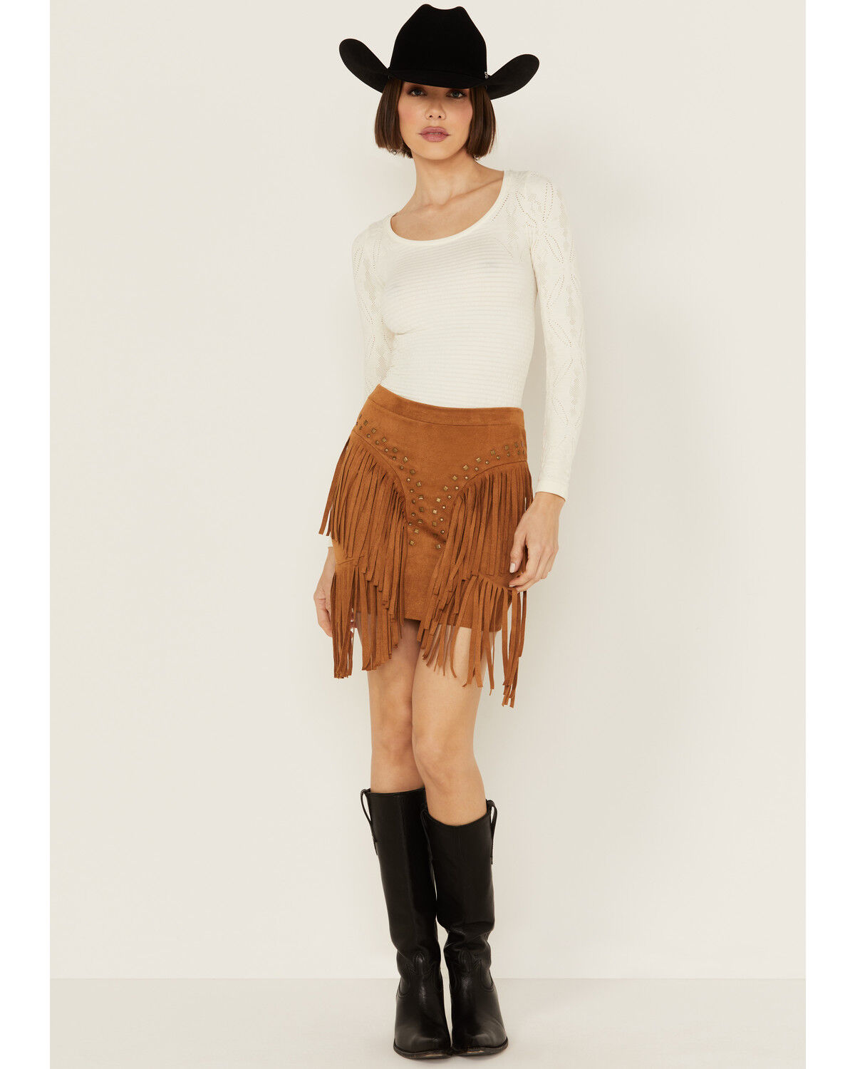 Image #1 - Vocal Women's Studded Fringe Skirt, Camel, hi-res