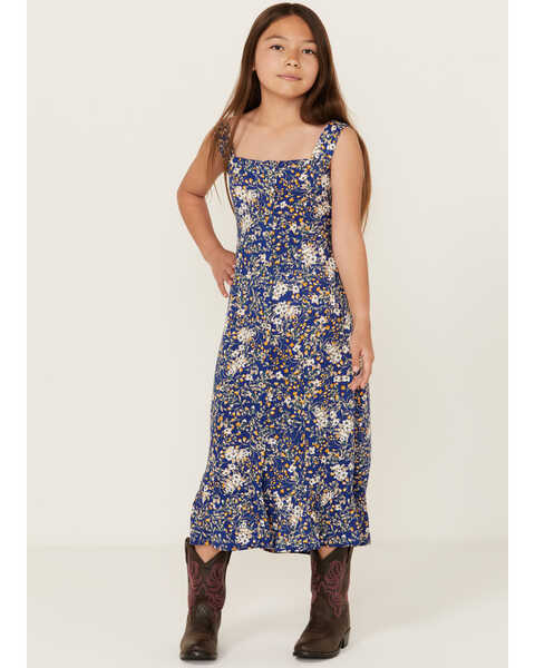 Cotton & Rye Girls' Floral Print Button-Down Maxi Dress, Blue, hi-res