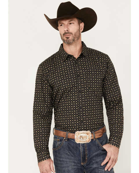 Gibson Men's Valley View Geo Print Long Sleeve Button Down Western Shirt, Black, hi-res