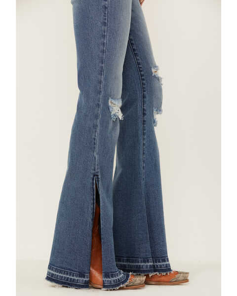 Image #2 - Shyanne Women's Mid Release Hem Side Slit Flare Jeans, Dark Medium Wash, hi-res