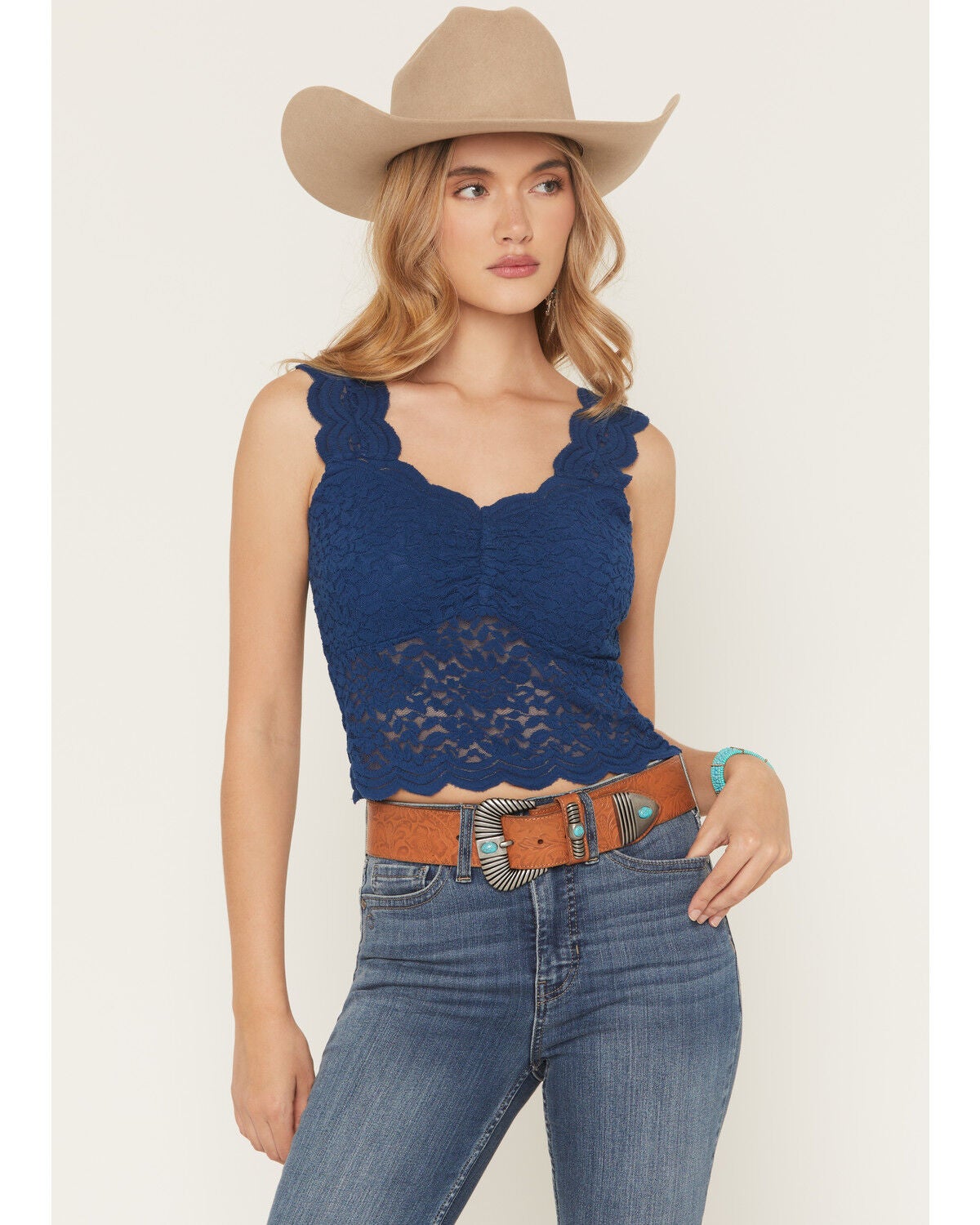 Shyanne Women's Solid Lace Tank Top, Navy, hi-res