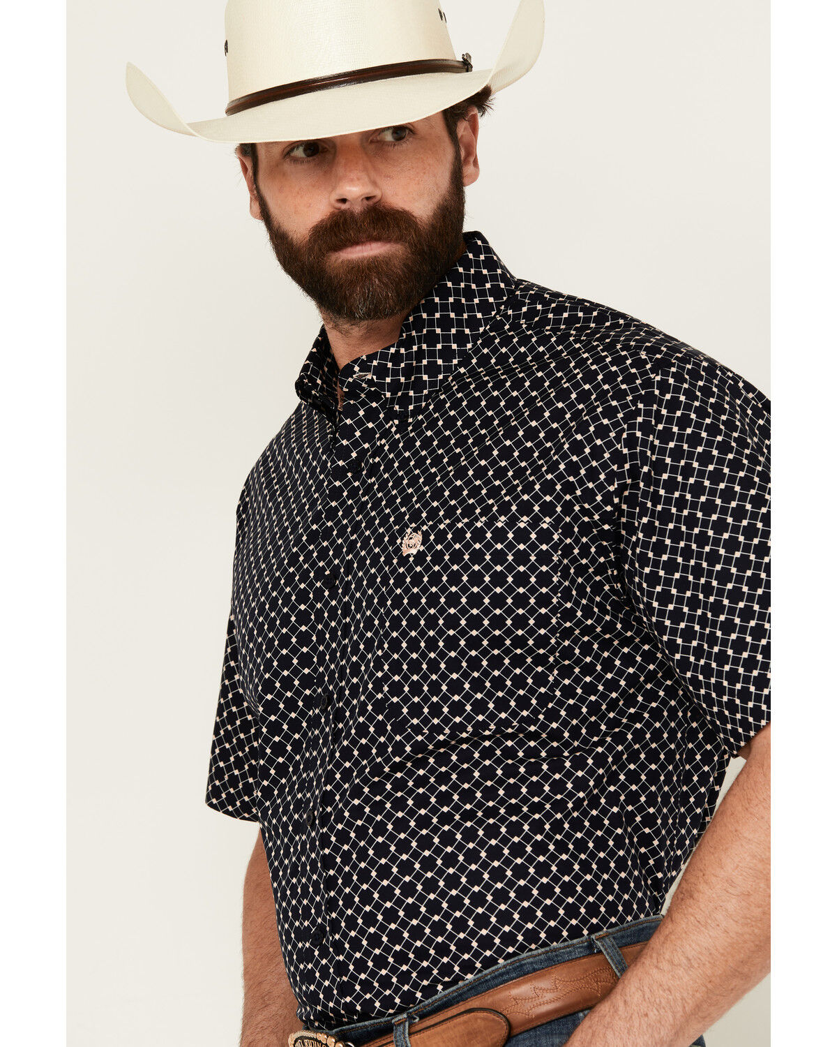 Image #2 - Cinch Men's Boot Barn Exclusive Geo Print Short Sleeve Button-Down Western Shirt, Navy, hi-res
