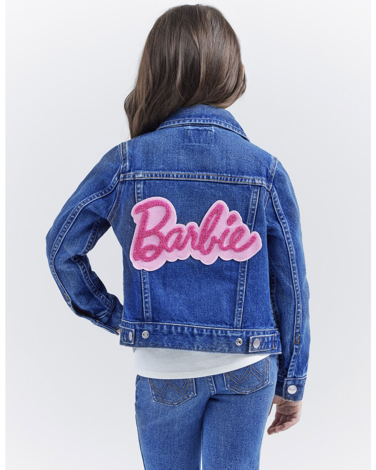 Image #6 - Wrangler® X Barbie™ Girls' Medium Wash Zip-Up Logo Denim Jacket, , hi-res