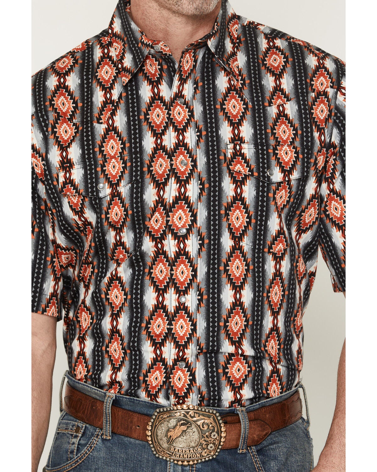 Image #3 - Wrangler Men's Checotah Southwestern Striped Short Sleeve Pearl Snap Western Shirt, Black, hi-res