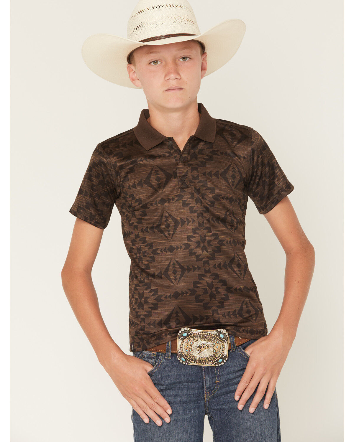 Image #1 - RANK 45® Boys' Tonal Southwestern Short Sleeve Button-Down Polo Shirt, Coffee, hi-res