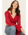 Image #1 - En Creme Women's Crochet Tie Front Long Sleeve Top, Red, hi-res