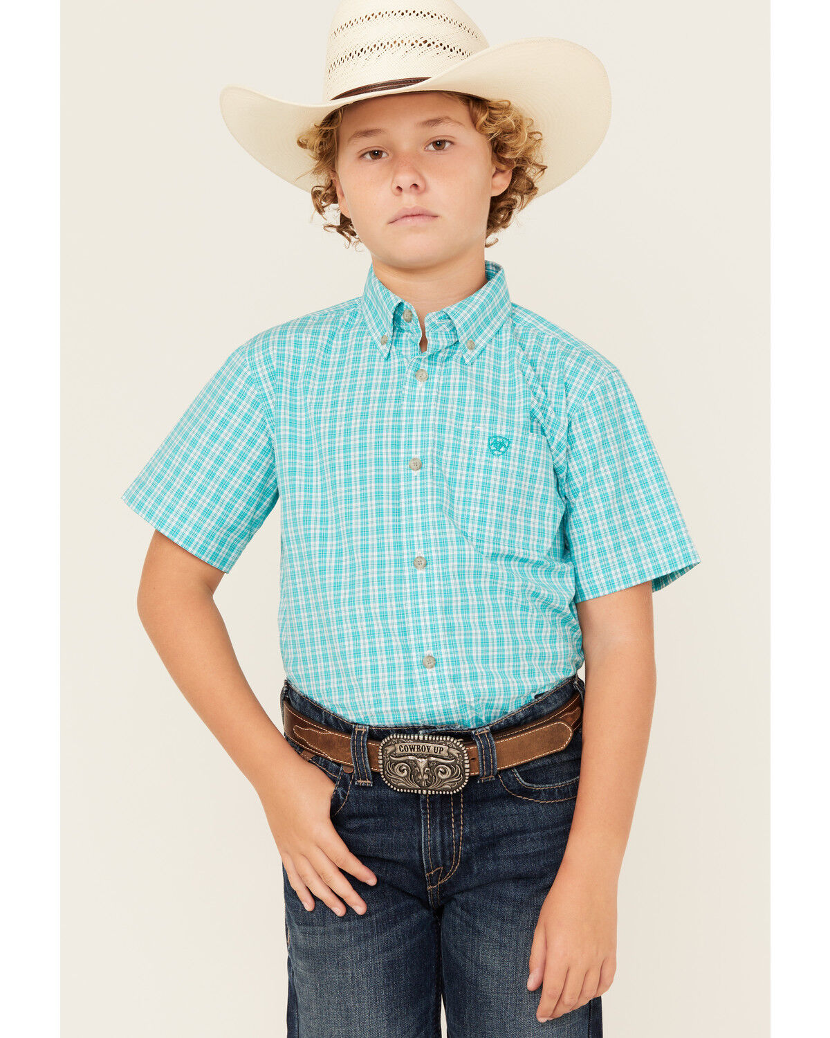 Image #1 - Ariat Boys' Pro Jensen Plaid Print Short Sleeve Button-Down Western Shirt, Turquoise, hi-res