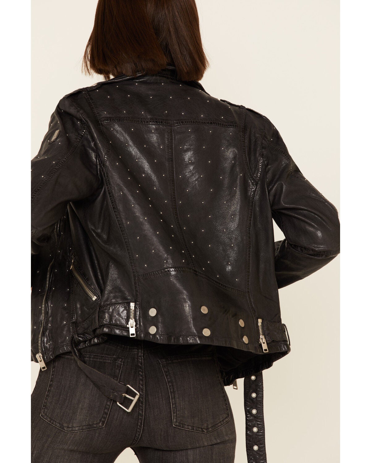 Image #5 - Mauritius Leather Women's Grey Saddy Studded Leather Moto Jacket , , hi-res