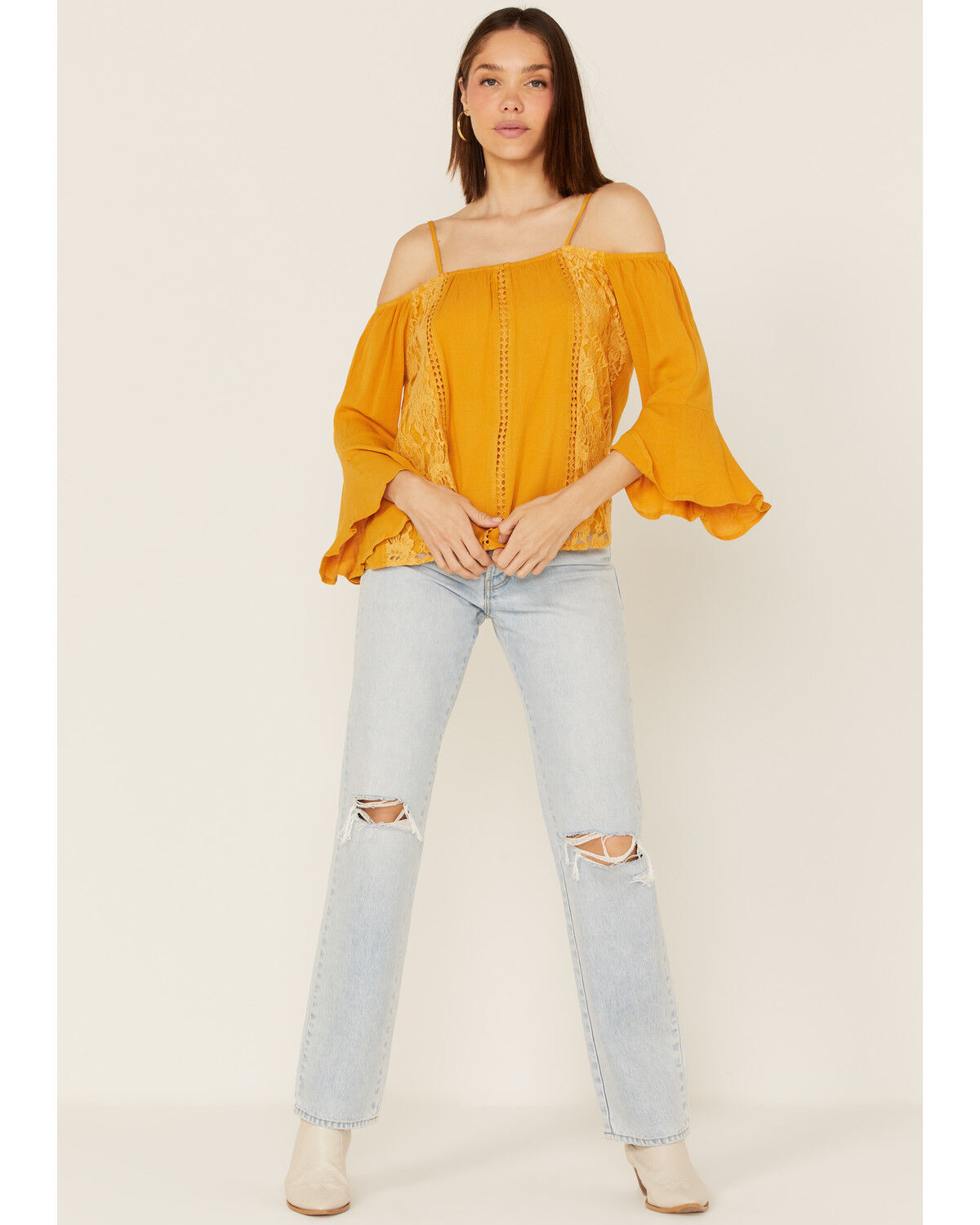 Image #2 - Miss Me Women's Cold Shoulder Lace Top, Mustard, hi-res